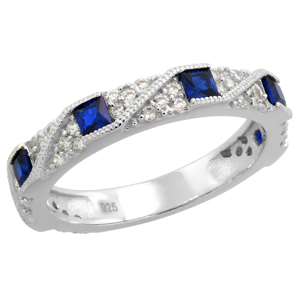 Sterling Silver Art Deco Half Eternity Ring Synthetic Square Blue Sapphires &amp; CZ stones 1/8 inch sizes 6 - 9