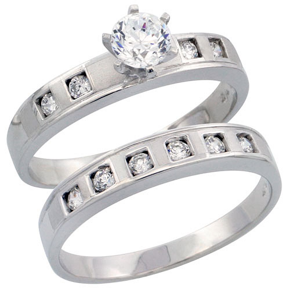 STERLING SILVER 2-PIECE ENGAGEMENT RING SET CZ STONES RHODIUM FINISH 5/32 IN. 4 MM, SIZES 5 - 10