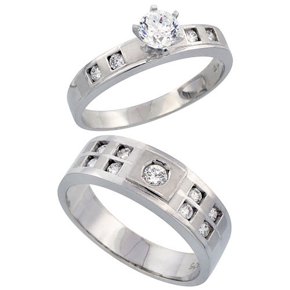 STERLING SILVER 2-PIECE HIS 7MM & HER 4MM ENGAGEMENT RING SET CZ STONES RHODIUM FINISH, LADIES SIZES 5 - 10, MENS SIZES 8 - 14