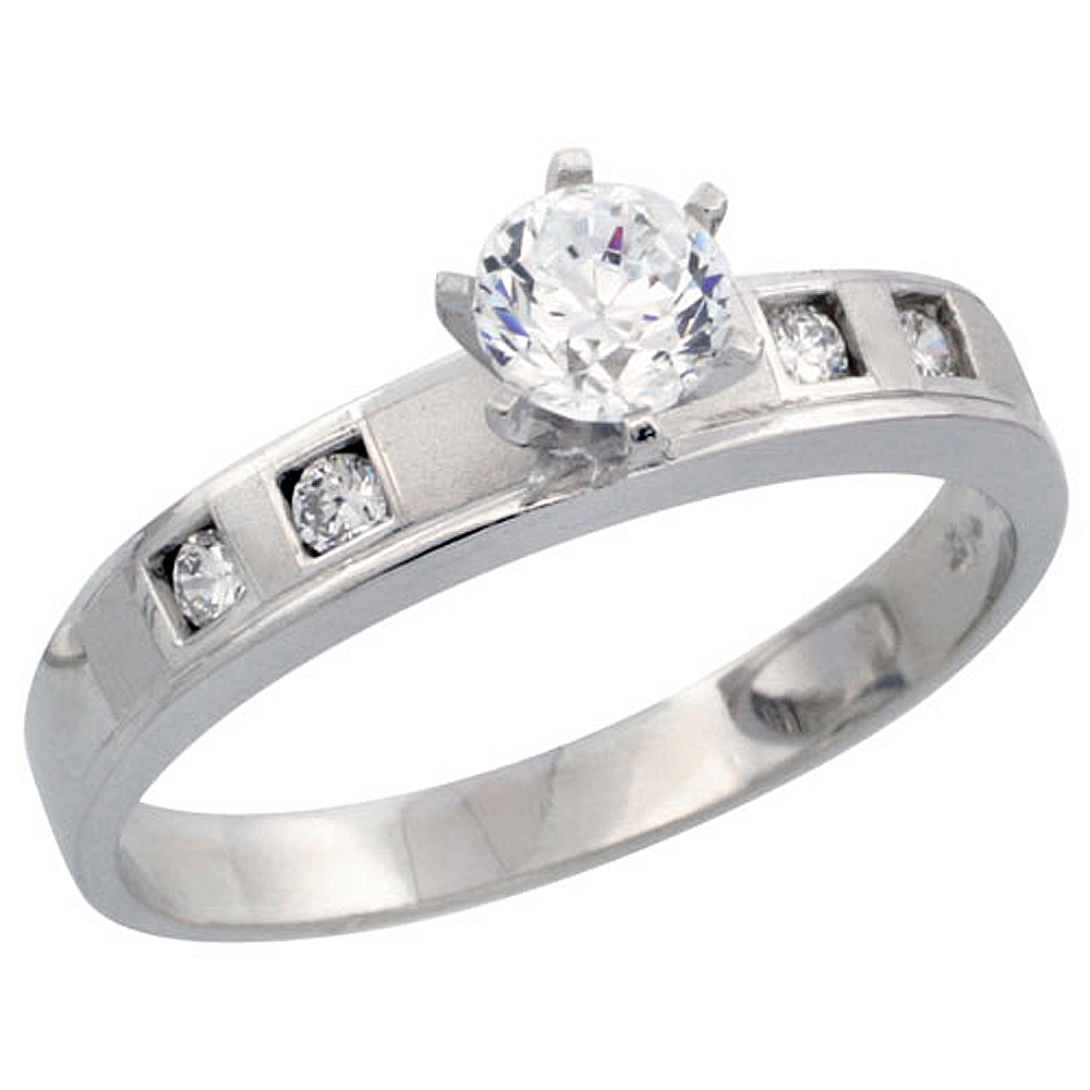 STERLING SILVER ENGAGEMENT RING CZ STONES RHODIUM FINISH 5/32 IN. 4 MM, SIZES 5 TO 10