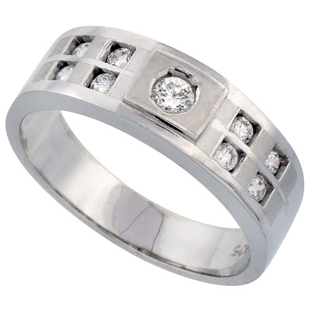 Sterling Silver Men's Wedding Ring CZ Stones Rhodium Finish, 9/32 in. 7 mm, sizes 8 to 14