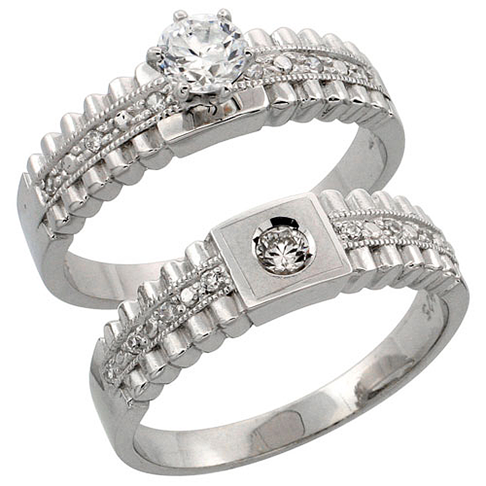 STERLING SILVER 2-PIECE ENGAGEMENT RING SET CZ STONES RHODIUM FINISH, 1/4 IN. 6 MM, SIZES 5 - 10