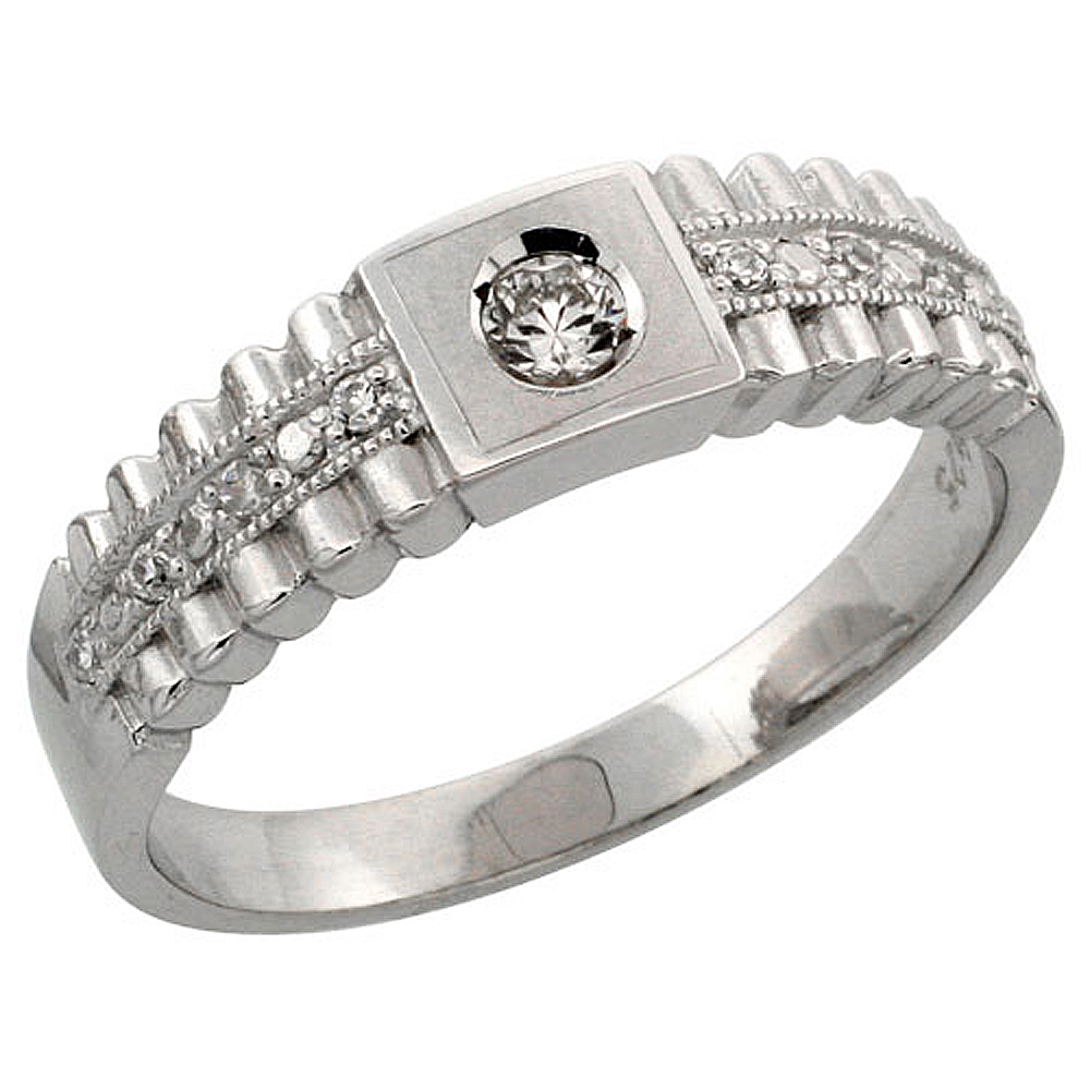 STERLING SILVER LADIES' WEDDING RING CZ STONES RHODIUM FINISH, 1/4 IN. 6 MM, SIZES 5 - 10