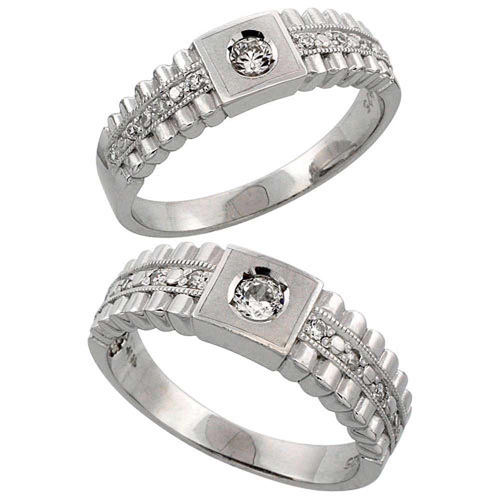 STERLING SILVER 2-PIECE HIS 6.5 MM & HERS 6 MM WEDDING RING SET CZ STONES RHODIUM FINISH, LADIES SIZES 5 - 10, MENS SIZES 8 - 14