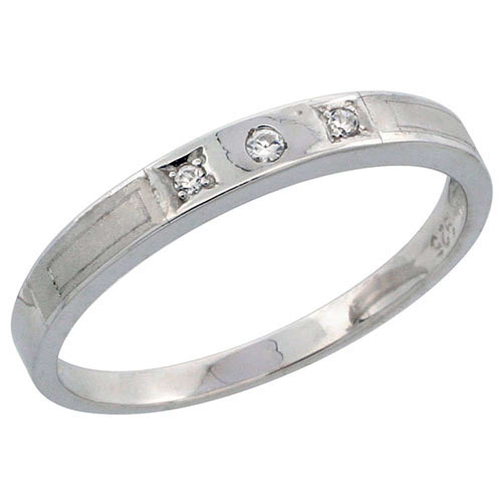 Sterling Silver Ladies' Wedding Ring CZ Stones Rhodium Finish, 1/8 in. 3 mm, sizes 5 - 10