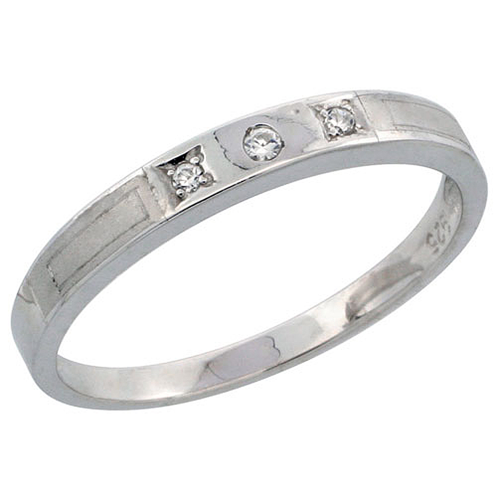 Sterling Silver Ladies&#039; Wedding Ring CZ Stones Rhodium Finish, 1/8 in. 3 mm, sizes 5 - 10