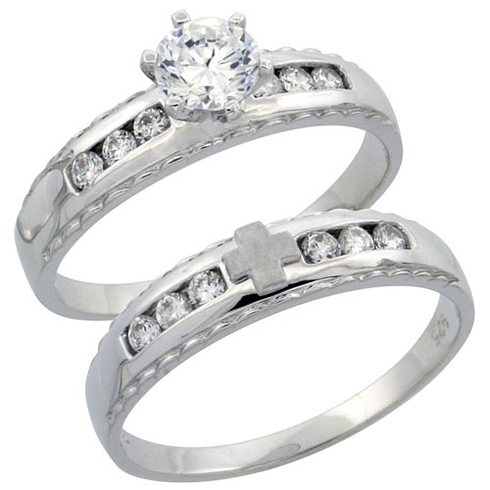 STERLING SILVER 2-PIECE ENGAGEMENT RING SET CZ STONES RHODIUM FINISH, 3/16 IN. 5 MM, SIZES 5 - 10