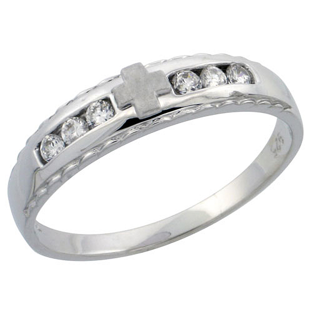 STERLING SILVER LADIES' WEDDING RING CZ STONES RHODIUM FINISH, 3/16 IN. 5 MM,