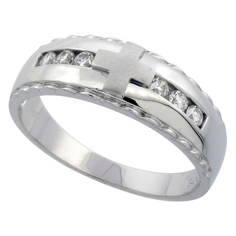 STERLING SILVER MEN'S WEDDING RING CZ STONES RHODIUM FINISH, 9/32 IN. 7 MM,