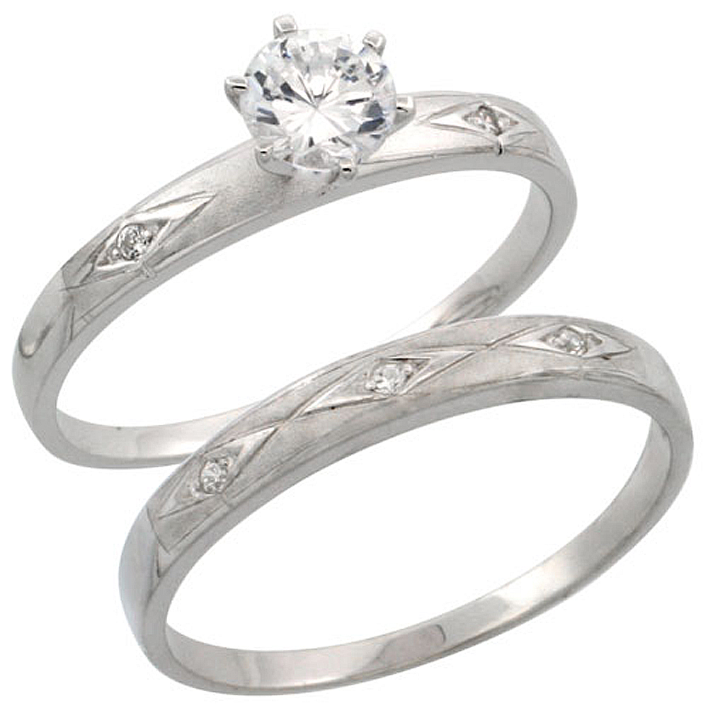STERLING SILVER 2-PIECE ENGAGEMENT RING SET CZ STONES RHODIUM FINISH, 3/16 IN. 4.5 MM, SIZES 5 - 10