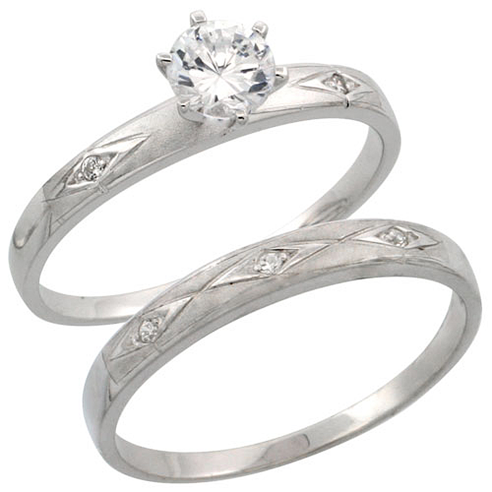 Sterling Silver 2-Piece Engagement Ring Set CZ Stones Rhodium finish, 3/16 in. 4.5 mm, sizes 5 - 10