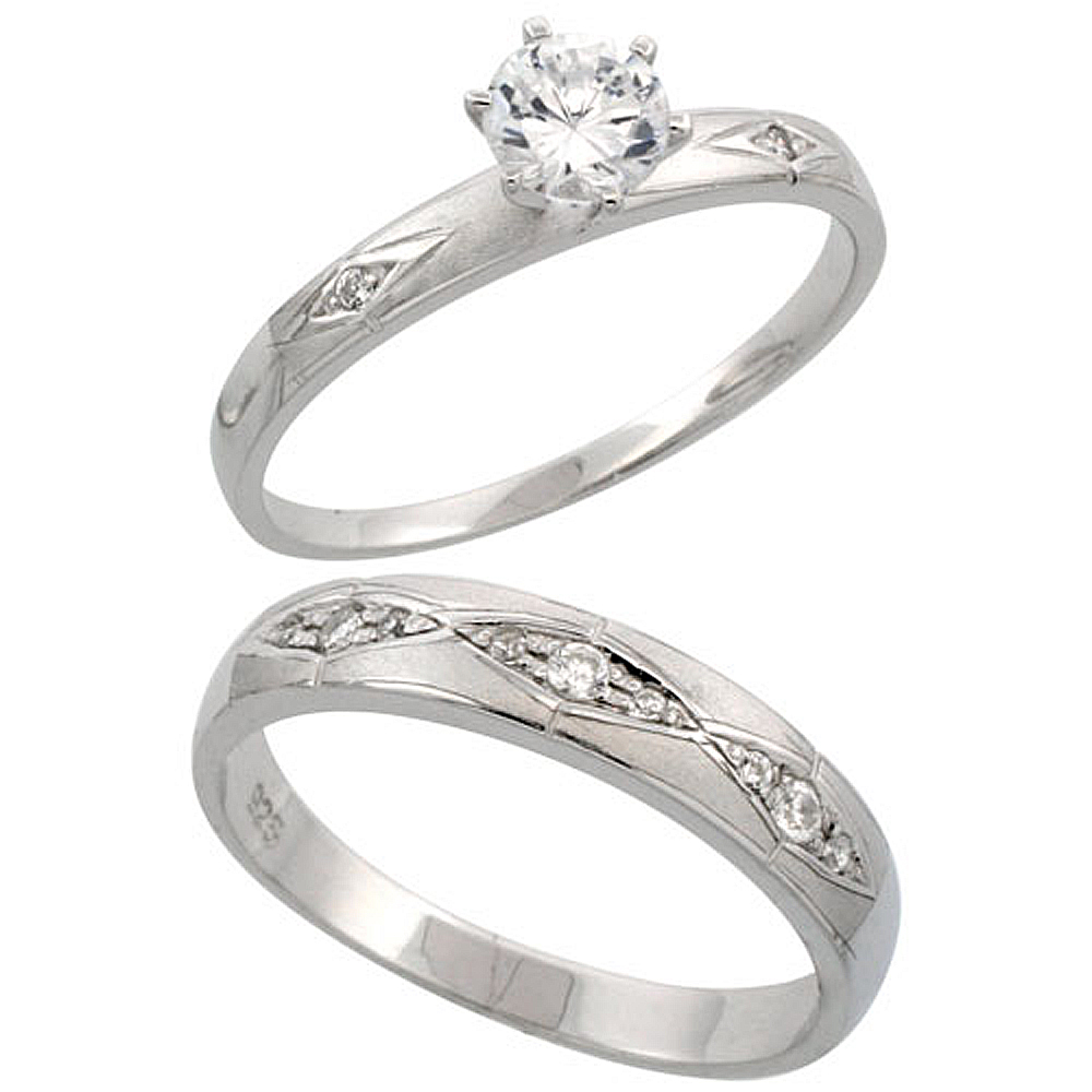 STERLING SILVER 2-PIECE CZ RING SET 3MM ENGAGEMENT RING & 4.5MM MAN'S WEDDING BAND, LADIES SIZES 5 - 10, MENS SIZES 8 - 14
