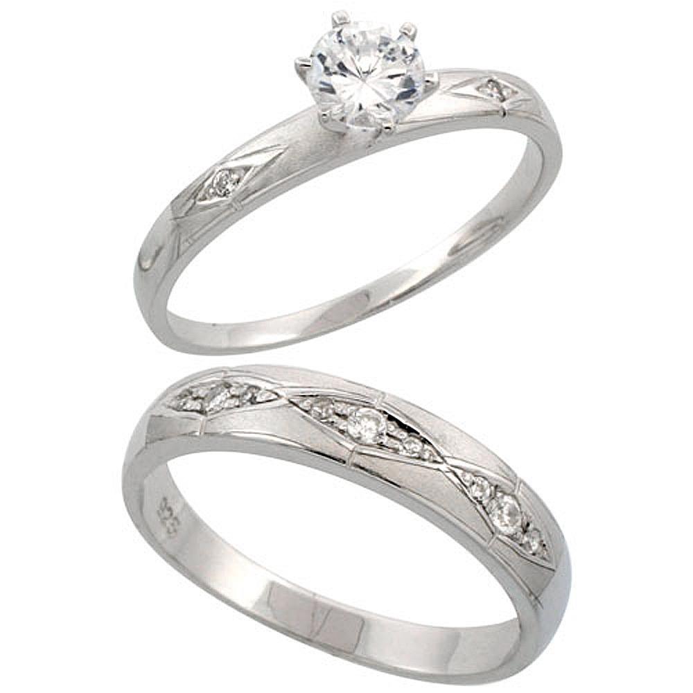 Sterling Silver 2-Piece CZ Ring Set 3mm Engagement Ring &amp; 4.5mm Man&#039;s Wedding Band, Ladies sizes 5 - 10, Mens sizes 8 - 14