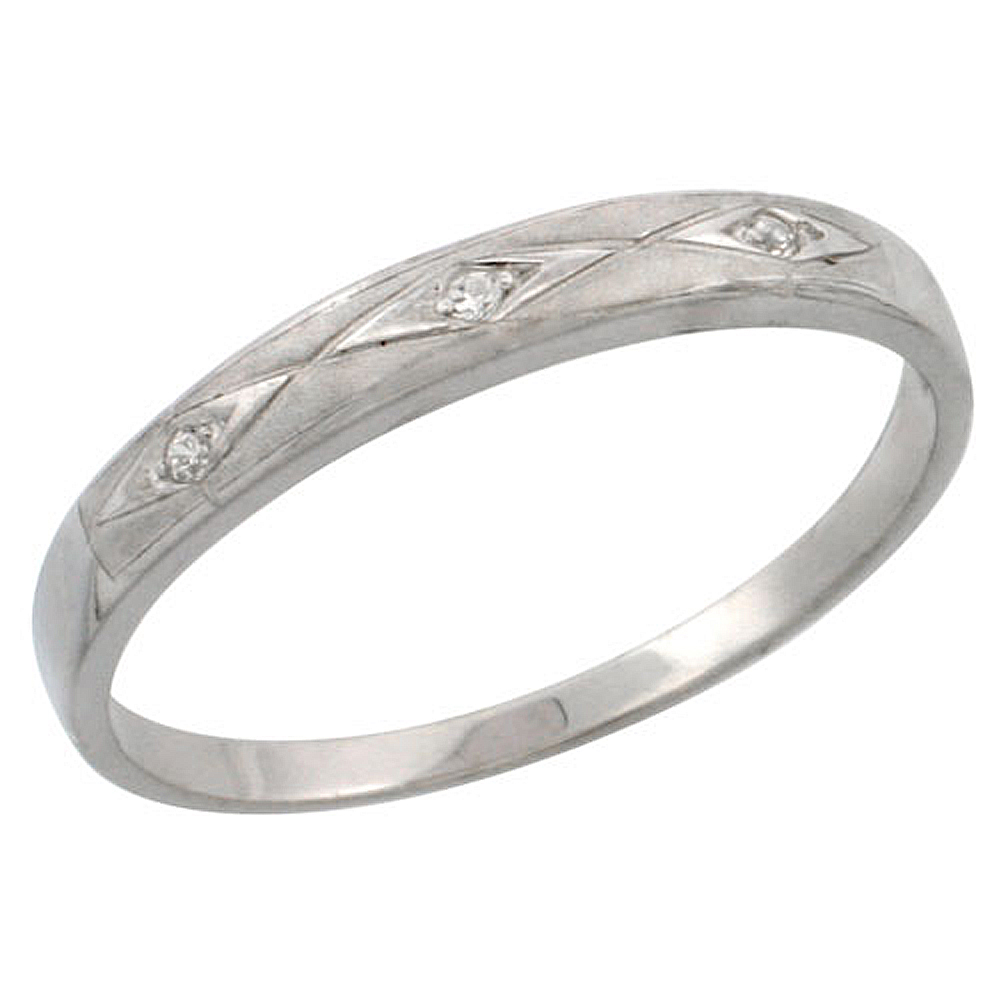 Sterling Silver Ladies' Wedding Ring CZ Stones Rhodium Finish, 1/8 in. 3 mm,