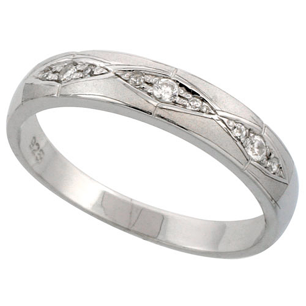Sterling Silver Men's Wedding Ring CZ Stones Rhodium Finish, 3/16 in. 4.5 mm,