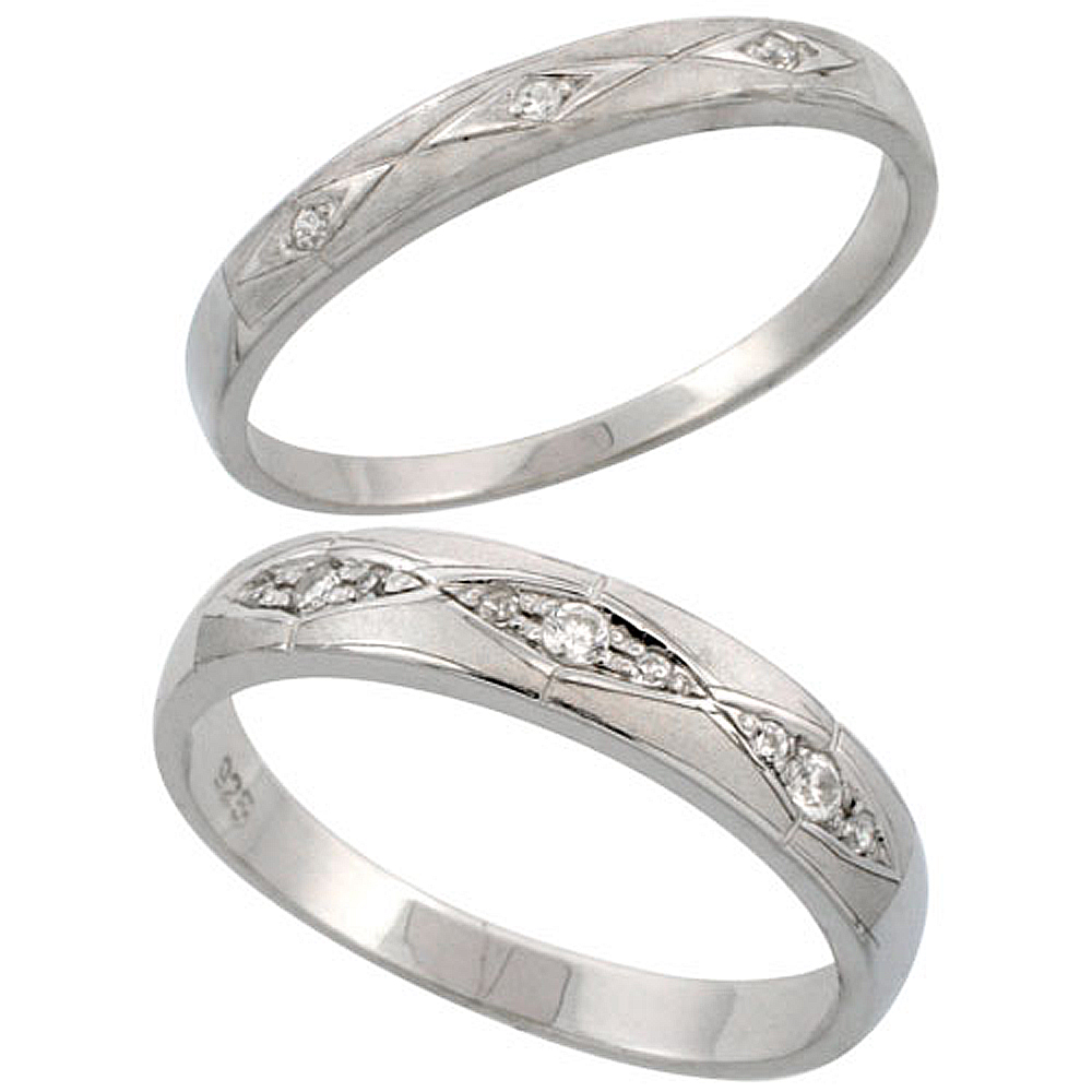 Sterling Silver 2-Piece His 4.5 mm & Hers 3 mm Wedding Ring Set CZ Stones Rhodium Finish, Ladies sizes 5 - 10, Mens sizes 8 - 14