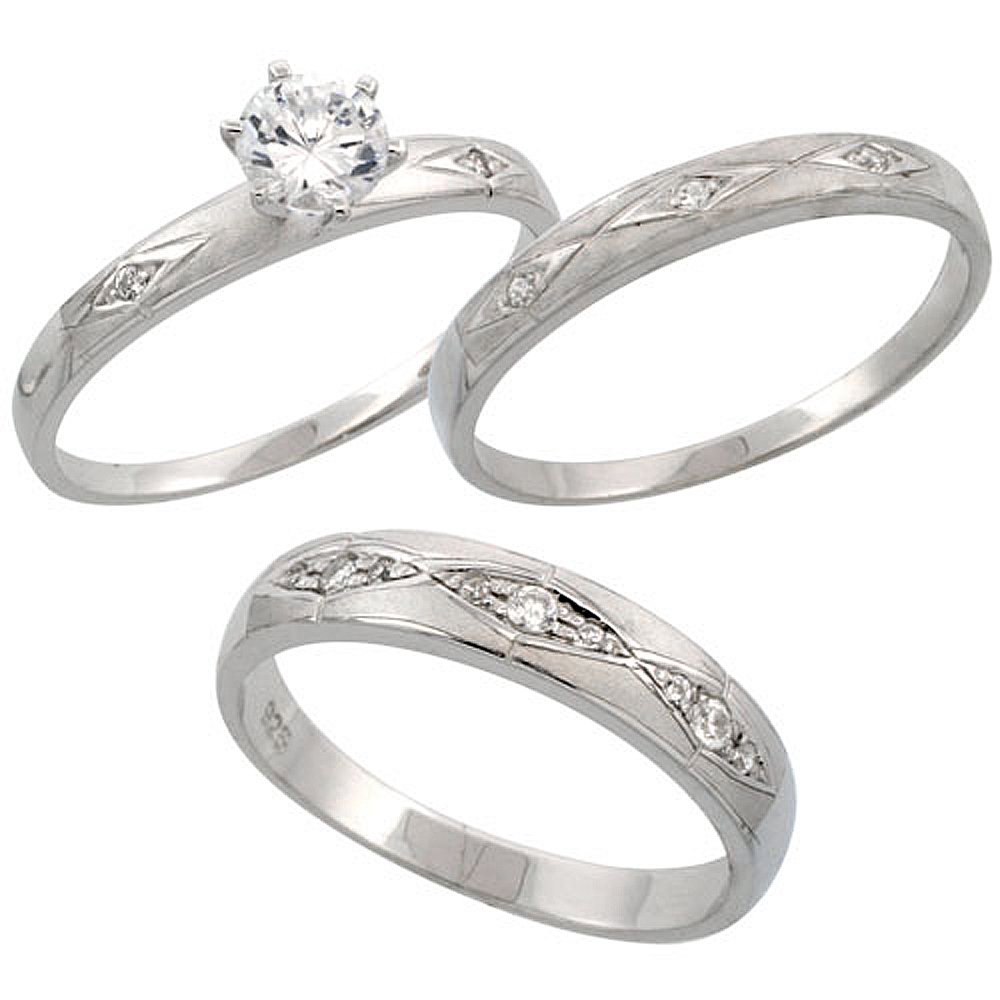 STERLING SILVER 3-PIECE HIS 4.5 MM & HERS 3 MM TRIO WEDDING RING SET CZ STONES RHODIUM FINISH, LADIES SIZES 5 - 10, MENS SIZES 8 - 14
