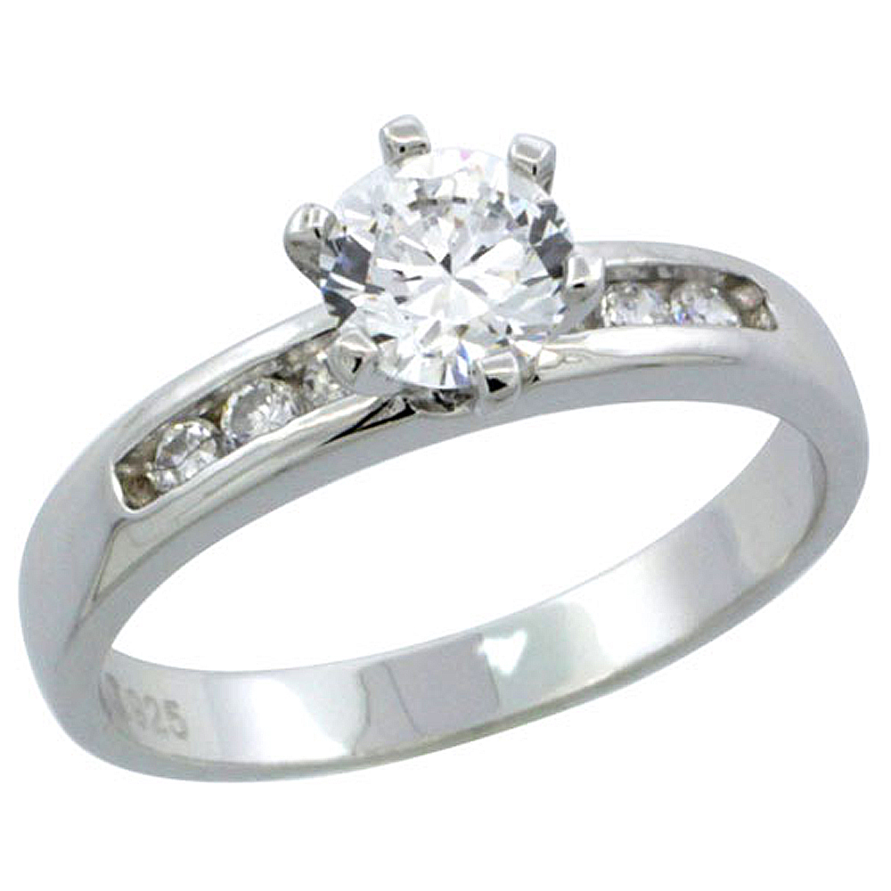 Sterling Silver Cubic Zirconia Solitaire Engagement Ring 1 ct size Brilliant cut, 1/8 inch wide
