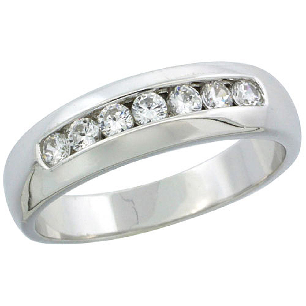 STERLING SILVER CUBIC ZIRCONIA MENS WEDDING BAND RING CLASSIC CHANNEL SET, 1/4 INCH WIDE