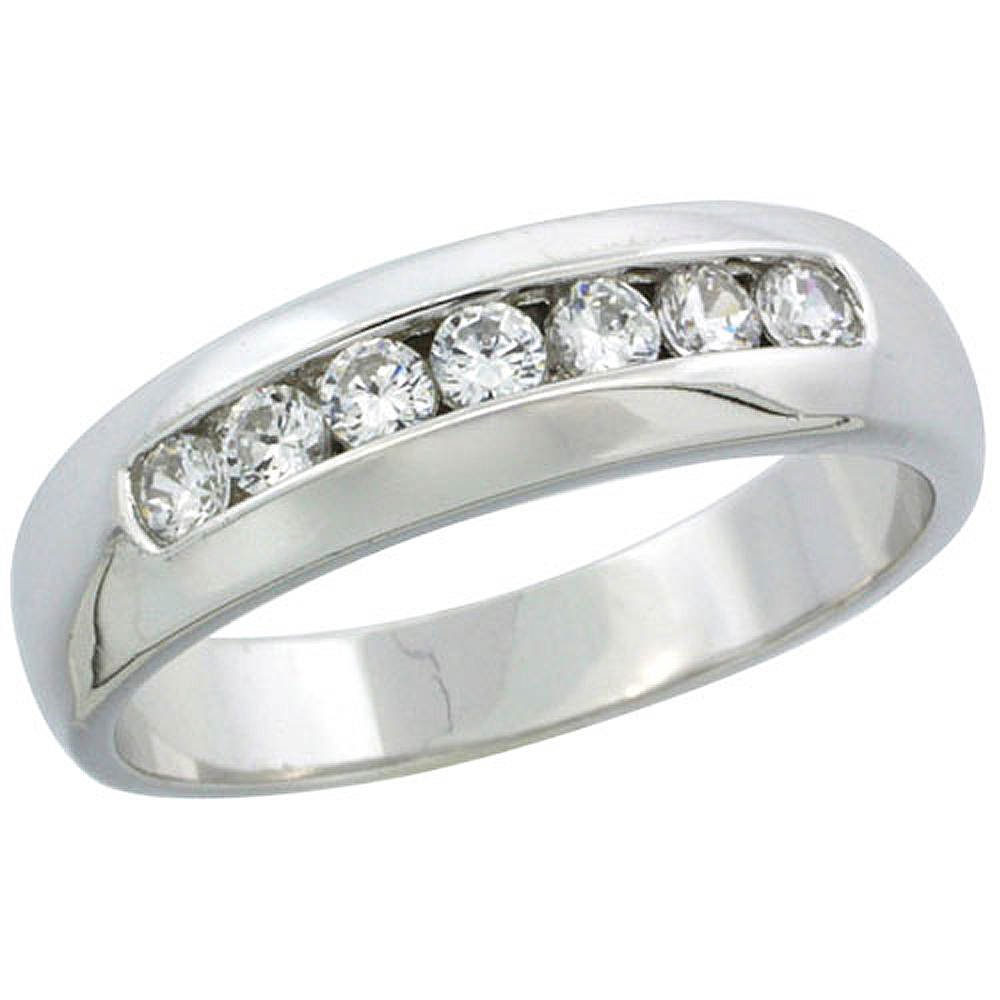Sterling Silver Cubic Zirconia Mens Wedding Band Ring Classic Channel Set, 1/4 inch wide