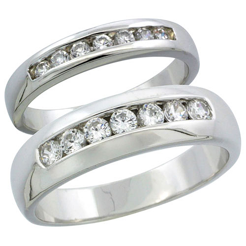 Sterling Silver Cubic Zirconia Wedding Band Ring 2-Piece Set 6 mm Him &amp; Hers 3.5 mm Classic Channel Set, Sizes M 8-14 L 5-10