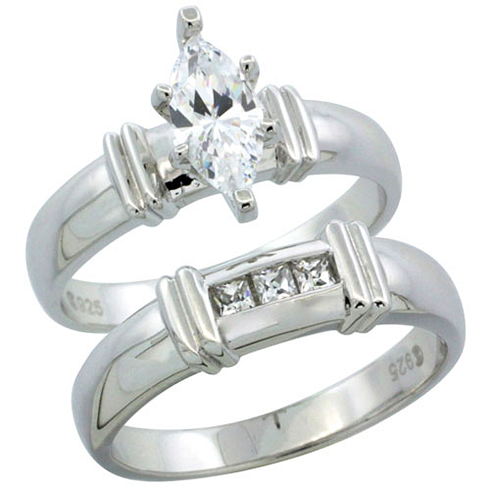 STERLING SILVER CUBIC ZIRCONIA LADIES� ENGAGEMENT RING SET 2-PIECE CHANNEL SET PRINCESS, 3/16 INCH WIDE