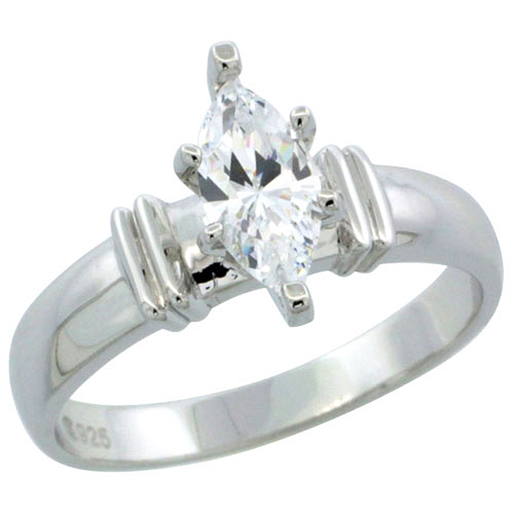 STERLING SILVER CUBIC ZIRCONIA SOLITAIRE ENGAGEMENT RING 3/4 CT MARQUISE, 3/16 INCH WIDE