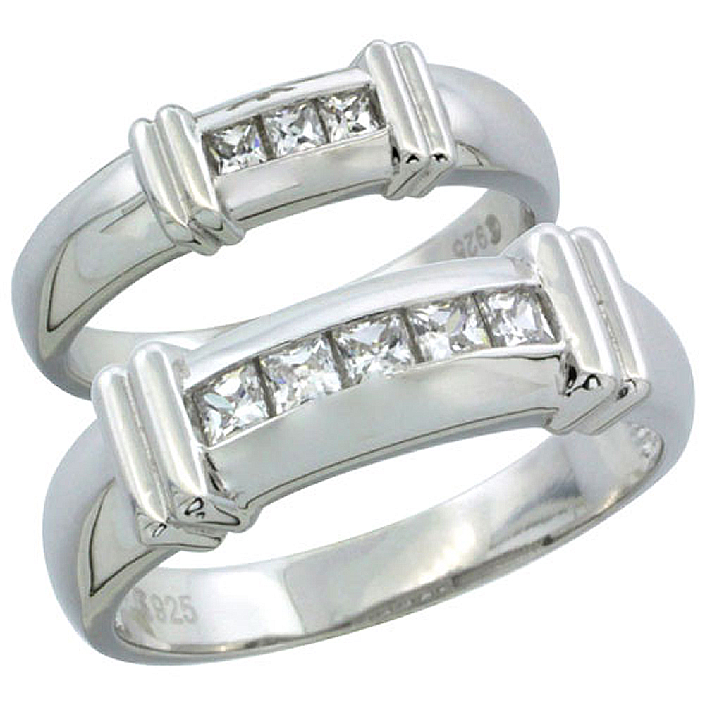 STERLING SILVER CUBIC ZIRCONIA WEDDING BAND RING 2-PIECE SET 6.5 MM HIM & HERS 5 MM CHANNEL SET PRINCESS, SIZES M 8-14 L 5-10
