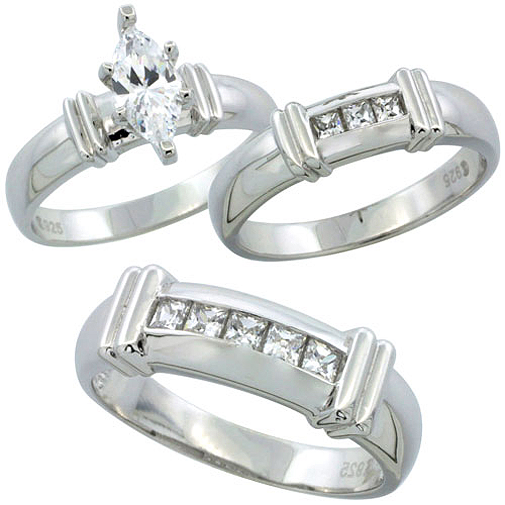 STERLING SILVER CUBIC ZIRCONIA TRIO ENGAGEMENT WEDDING RING SET FOR HIM AND HER 6.5 MM CHANNEL SET PRINCESS, L 5 - 10 & M 8 - 14