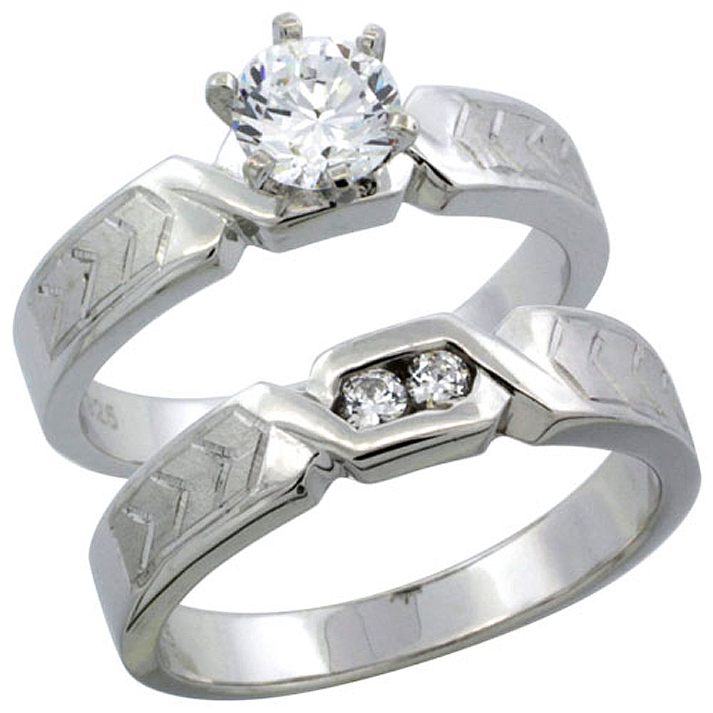 STERLING SILVER CUBIC ZIRCONIA LADIES� ENGAGEMENT RING SET 2-PIECE CHEVRON PATTERN CHANNEL SET, 3/16 INCH WIDE