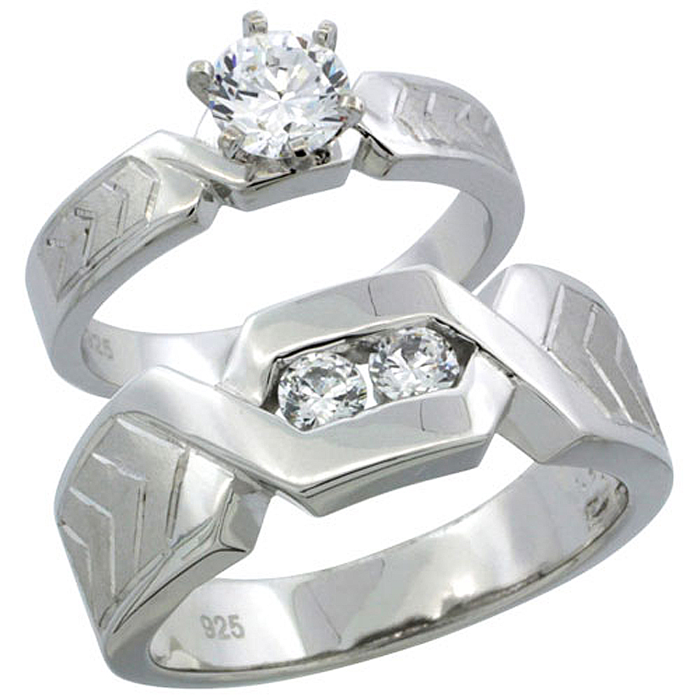 STERLING SILVER CUBIC ZIRCONIA ENGAGEMENT RINGS SET FOR HIM & HER CHEVRON PATTERN CHANNEL SET 7.5MM MAN'S WEDDING BAND )
