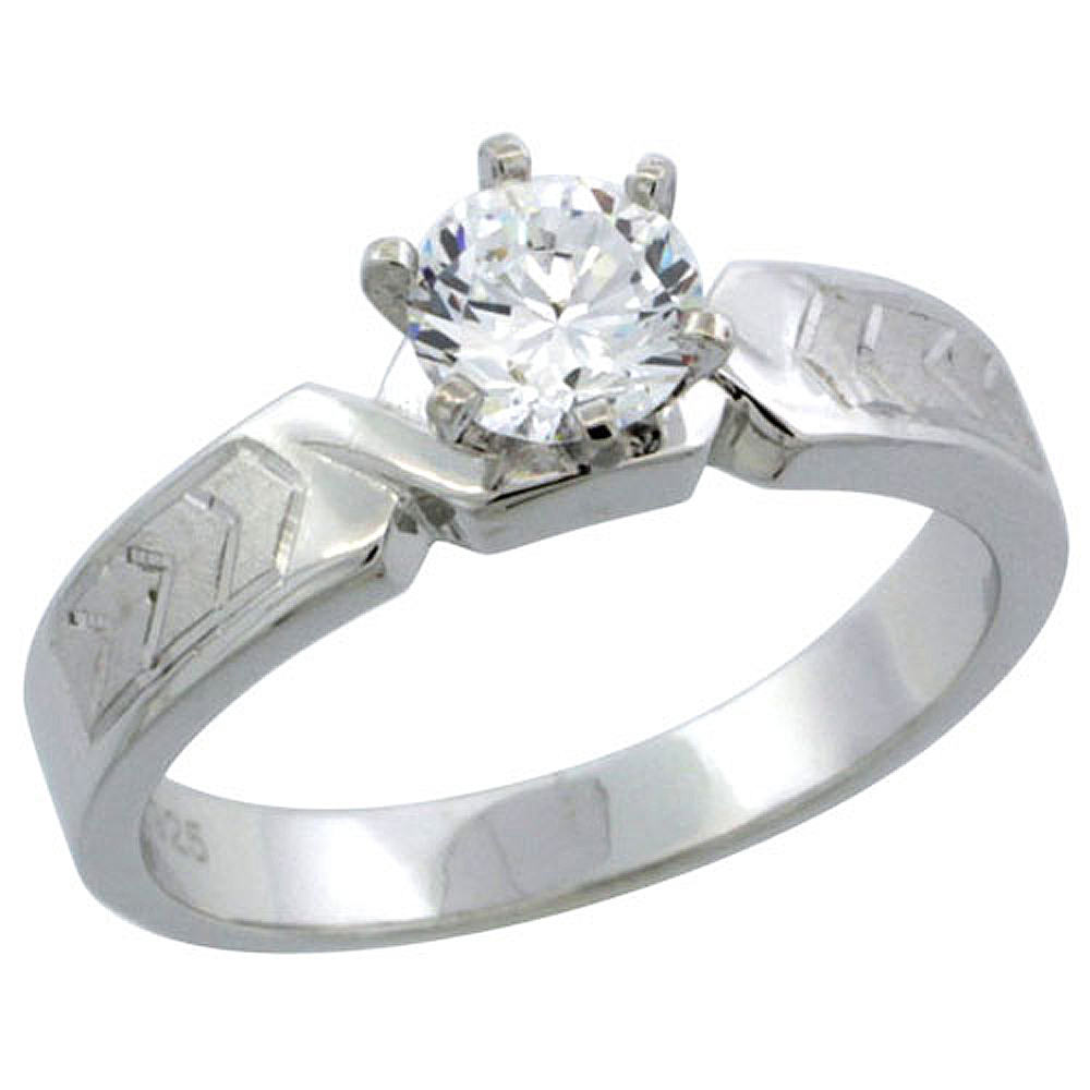 STERLING SILVER CUBIC ZIRCONIA SOLITAIRE ENGAGEMENT RING 1 CT SIZE BRILLIANT CUT CHEVRON PATTERN, 3/16 INCH WIDE