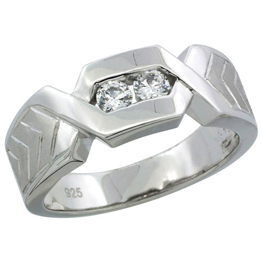 STERLING SILVER CUBIC ZIRCONIA MENS WEDDING BAND RING CHEVRON PATTERN CHANNEL SET, 9/32 INCH WIDE