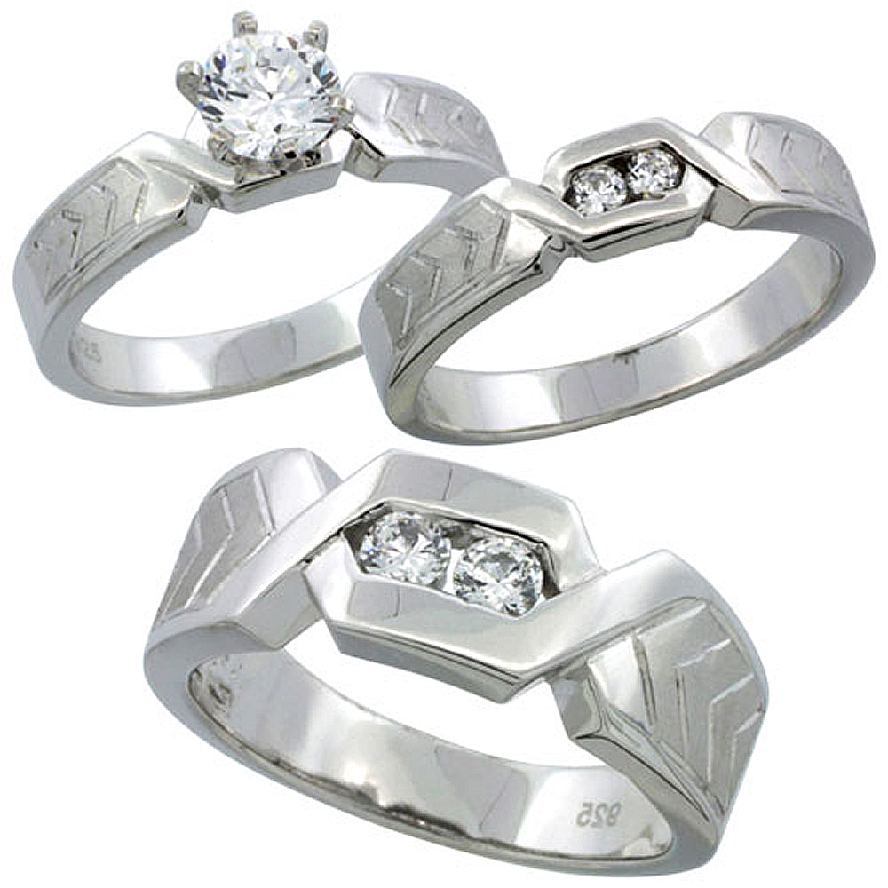 STERLING SILVER CUBIC ZIRCONIA TRIO ENGAGEMENT WEDDING RING SET FOR HIM AND HER 7.5 MM CHEVRON PATTERN CHANNEL SET, L 5 - 10 & M 8 - 14
