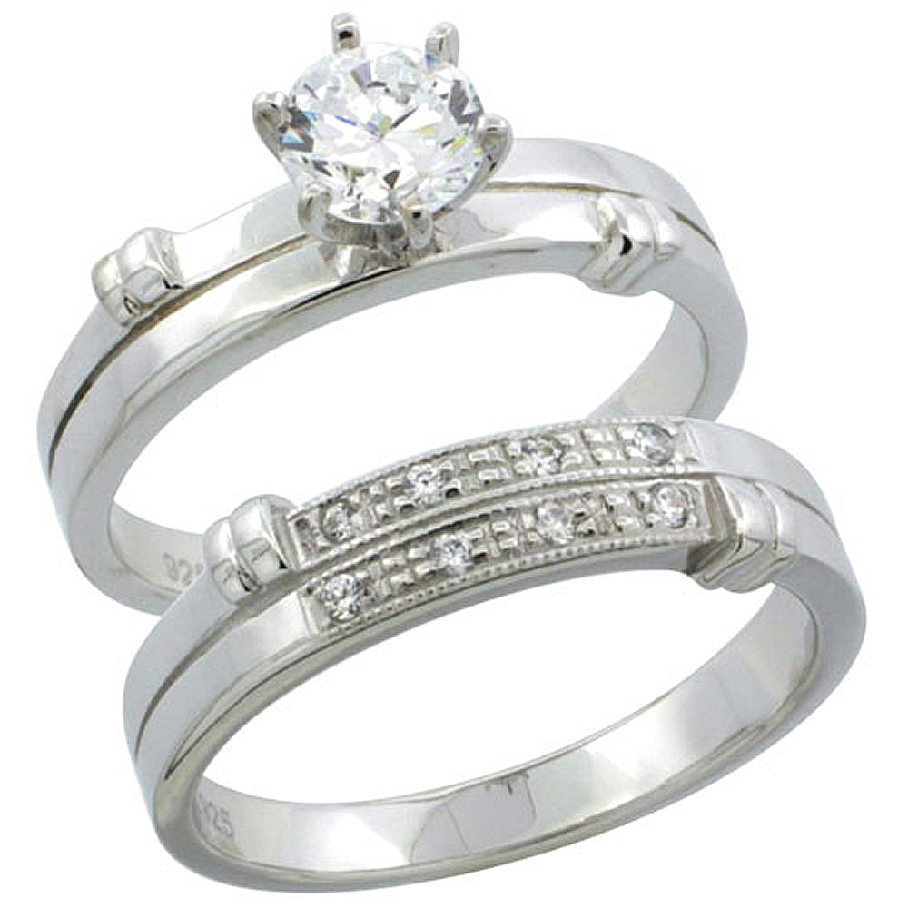 STERLING SILVER CUBIC ZIRCONIA LADIES� ENGAGEMENT RING SET 2-PIECE, 3/16 INCH WIDE
