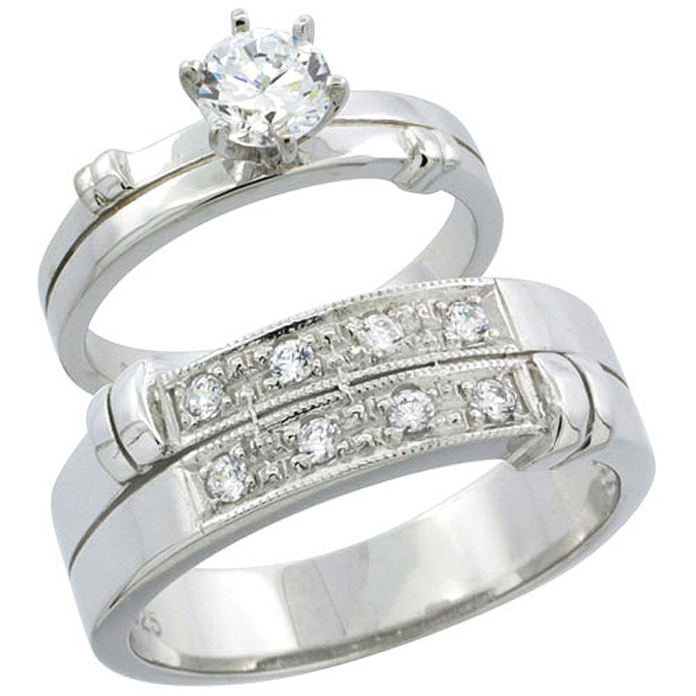 STERLING SILVER CUBIC ZIRCONIA ENGAGEMENT RINGS SET FOR HIM & HER 7MM MAN'S WEDDING BAND )