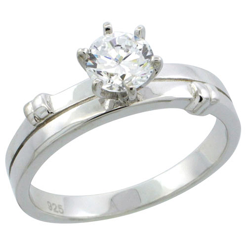 STERLING SILVER CUBIC ZIRCONIA SOLITAIRE ENGAGEMENT RING 1 CT SIZE BRILLIANT CUT, 3/16 INCH WIDE