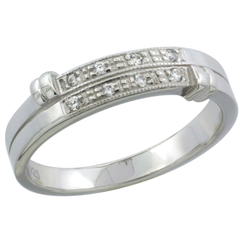 STERLING SILVER CUBIC ZIRCONIA LADIES' WEDDING BAND RING, 3/16 INCH WIDE