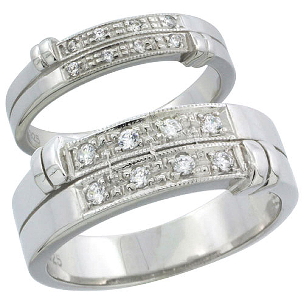 STERLING SILVER CUBIC ZIRCONIA WEDDING BAND RING 2-PIECE SET 7 MM HIM & HERS 4.5 MM, SIZES M 8-14 L 5-10
