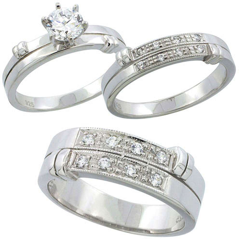 STERLING SILVER CUBIC ZIRCONIA TRIO ENGAGEMENT WEDDING RING SET FOR HIM AND HER 7 MM, L 5 - 10 & M 8 - 14