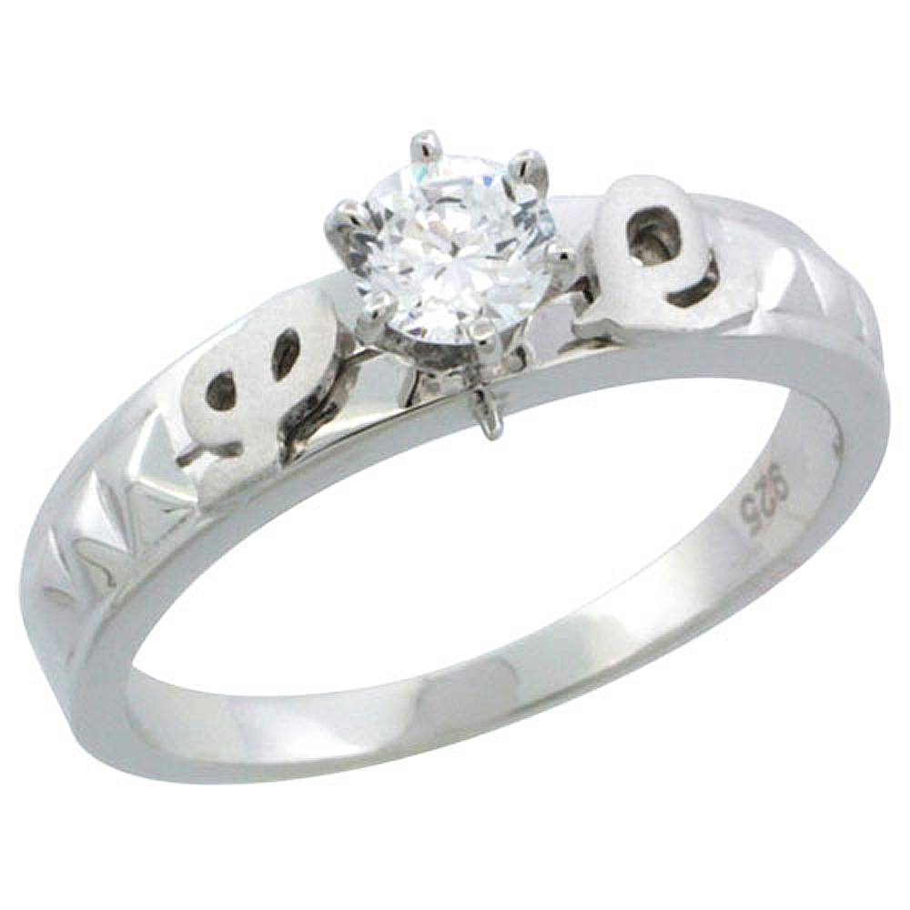 STERLING SILVER CUBIC ZIRCONIA SOLITAIRE ENGAGEMENT RING SET 1/2 CT SIZE BRILLIANT CUT, 3/16 INCH WIDE