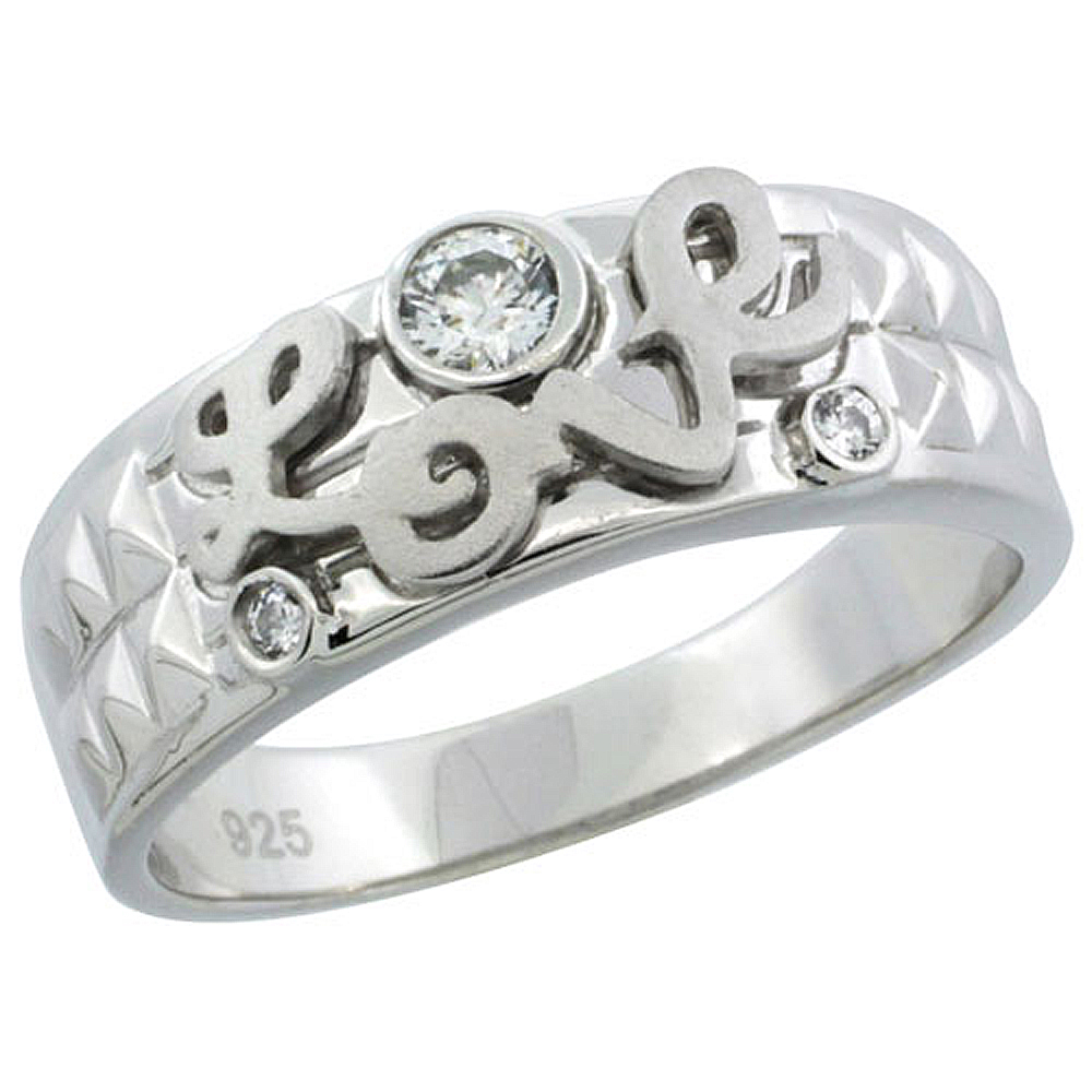 STERLING SILVER CUBIC ZIRCONIA MENS WEDDING BAND RING LOVE, 1/4 INCH WIDE