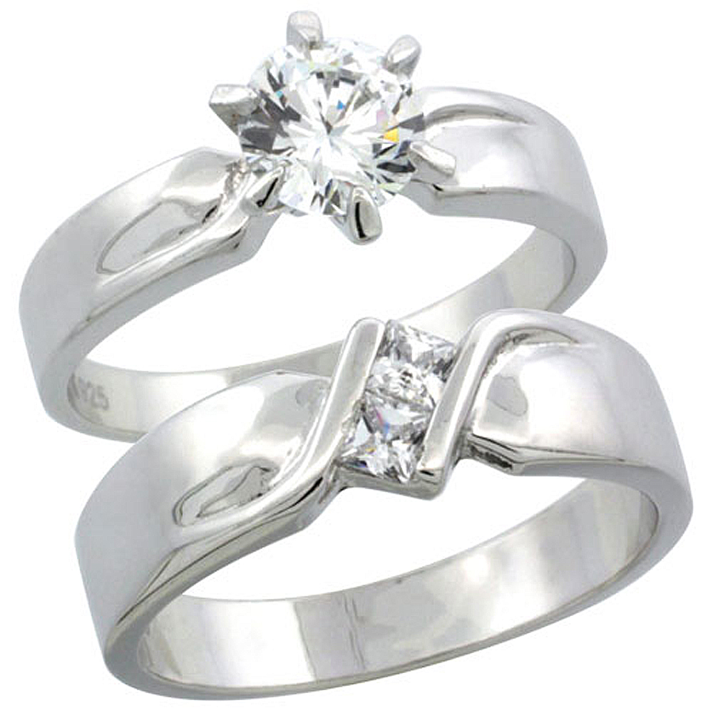 STERLING SILVER CUBIC ZIRCONIA LADIES� ENGAGEMENT RING SET 2-PIECE, 5/32 INCH WIDE