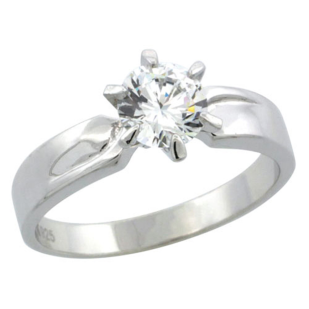 STERLING SILVER CUBIC ZIRCONIA SOLITAIRE ENGAGEMENT RING 1 CT SIZE BRILLIANT CUT, 5/32 INCH WIDE