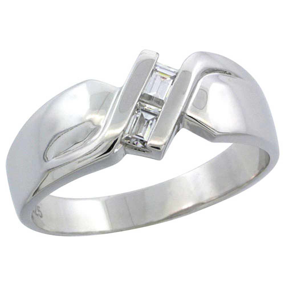 STERLING SILVER CUBIC ZIRCONIA MENS WEDDING BAND RING, 1/4 INCH WIDE