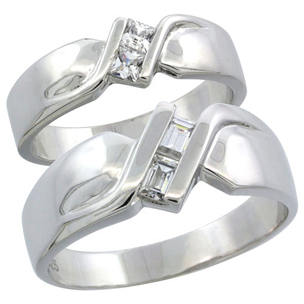 STERLING SILVER CUBIC ZIRCONIA WEDDING BAND RING 2-PIECE SET 6 MM HIM & HERS 4 MM, SIZES M 8-14 L 5-10