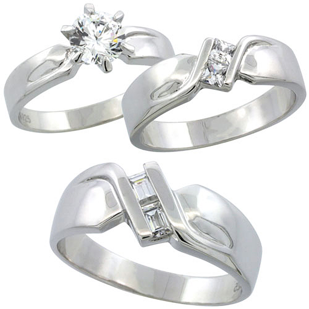 STERLING SILVER CUBIC ZIRCONIA TRIO ENGAGEMENT WEDDING RING SET FOR HIM AND HER 6 MM, L 5 - 10 & M 8 - 14