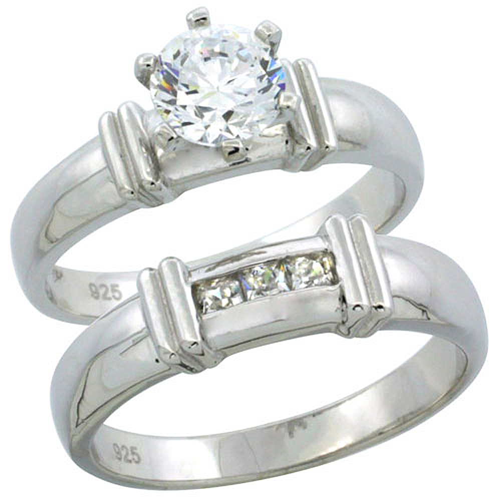 STERLING SILVER CUBIC ZIRCONIA LADIES� ENGAGEMENT RING SET 2-PIECE CHANNEL SET PRINCESS, 3/16 INCH WIDE