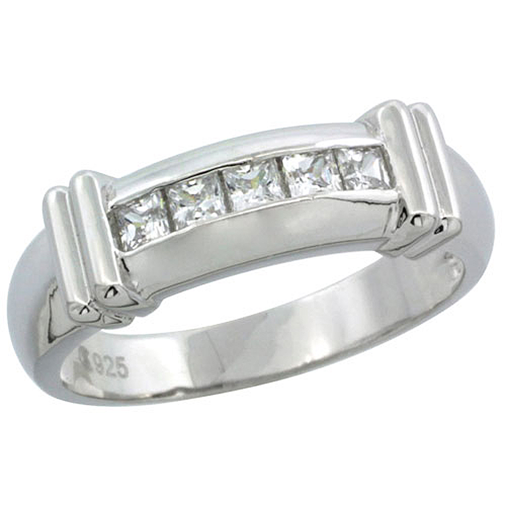 Sterling Silver Cubic Zirconia Mens Wedding Band Ring Channel Set Princess, 1/4 inch wide