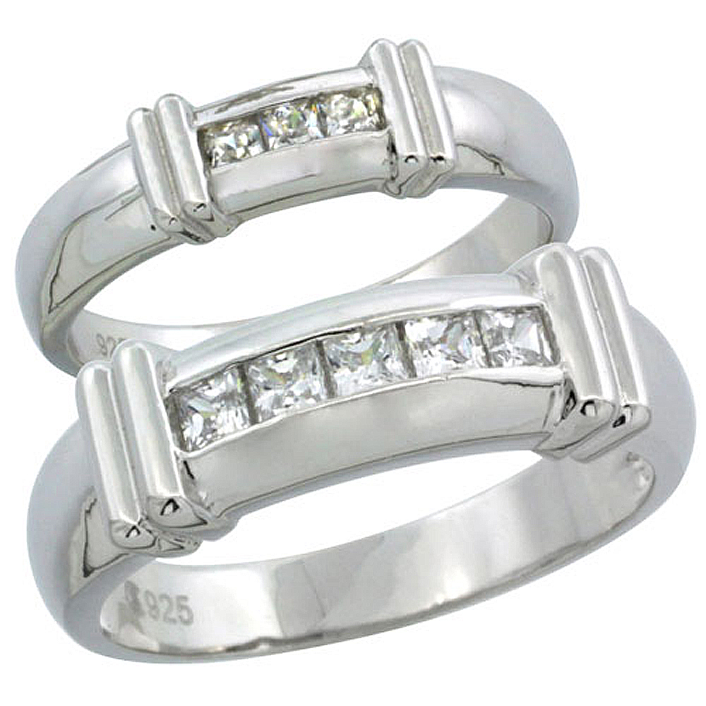 STERLING SILVER CUBIC ZIRCONIA WEDDING BAND RING 2-PIECE SET 6.5 MM HIM & HERS 5 MM CHANNEL SET PRINCESS, SIZES M 8-14 L 5-10